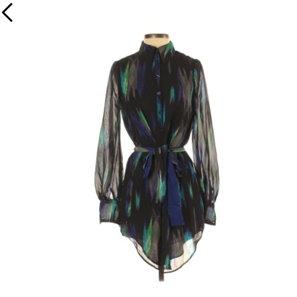 Blue Green Black Patterned Shirt Dress - Size M